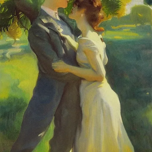 Prompt: a man and woman with tree heads watering each other, beautiful, john singer sargent style painting