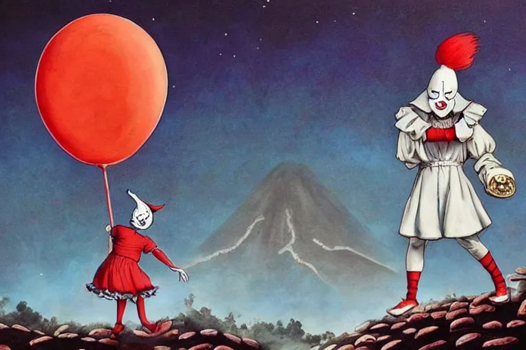 Prompt: pennywise as pulcinella!!! holding a large pizza!!, volcano in background, dark sky, smoke, glowing pools of lava, an ultrafine detailed painting by joe fenton, full body, wide angle, post - apocalyptic vibe, pop surrealism, sharp focus, whimsical, lowbrow, perfect symmetrical face, masterpiece, hyperrealistic, trending on deviantart