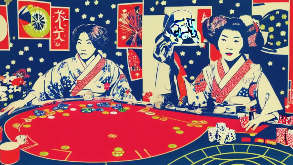 Prompt: woman in a japanese kimono sitting at an extremely detailed poker table with the startrooper, fireworks and stars on the background, by andy warhol, by roy liechtestein, canvas, acrylic paint, cool color palette, 4 k, ultra - hd