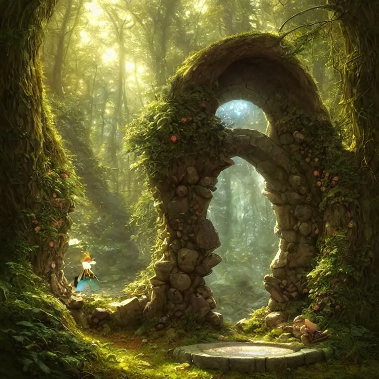 Image similar to Fantasy Magical fairy-tale stone portal in the forest. Round stone portal teleport in trees to other worlds. Fantastic landscape. Magic Altar in the fores, highly detailed, digital painting, artstation, concept art, smooth, sharp focus, illustration, art by artgerm and greg rutkowski and alphonse mucha