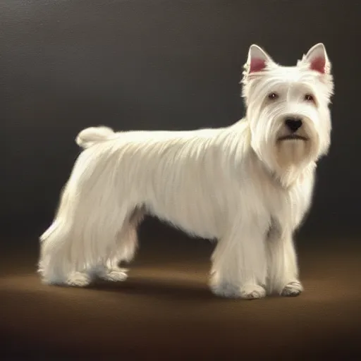 Prompt: west highland terrier, oil painting, fine art, artstation, masterpiece, cinematic lighting, very realistic, highly detailed