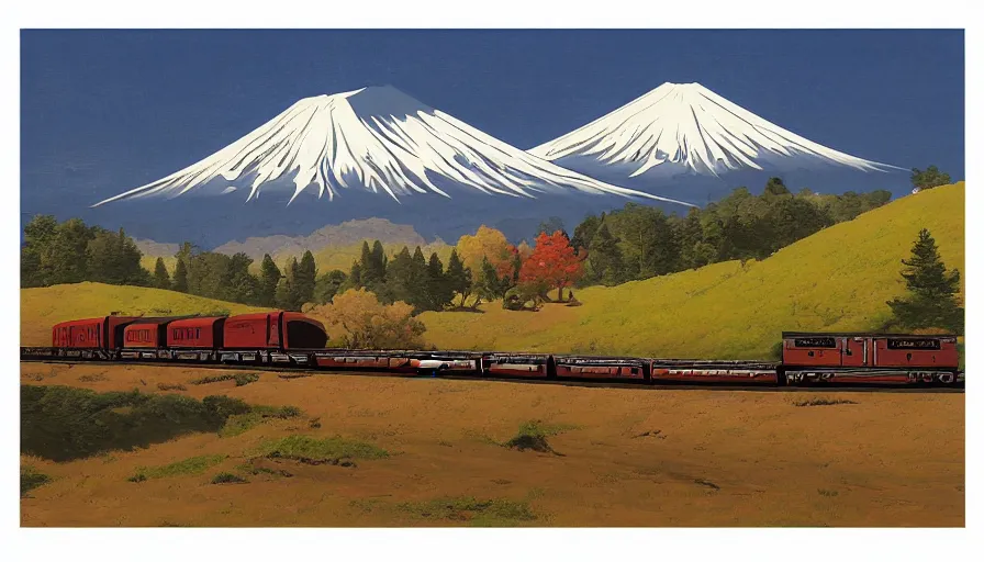 Prompt: award winning graphic design poster, cutouts constructing an contemporary art depicting mount fuji, rural splendor, and bullet train, isolated on white, mixed media painting by jules julien, neo-classical painting