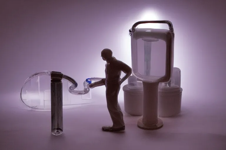 Image similar to clear plastic pipes transporting liquid through a y 2 k crt dreamscape, porcelain figure standing and looking at the pipes, low - light photograph, in style of tyler mitchell