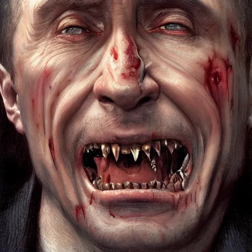 Image similar to vladimir putin, is vampire, vampire fangs, bloody horror, macabre by donato giancola and greg rutkowski and wayne barlow and zdzisław beksinski, realistic face, digital art