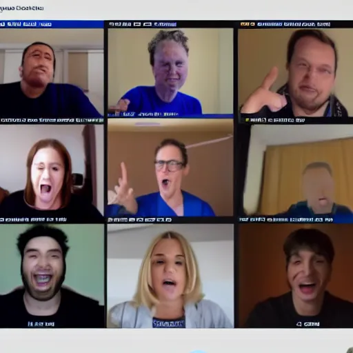 Image similar to zoom call conference with 2 0 people, all screaming at each other with their microphones off, screenshot from a macosx