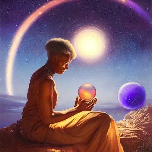 Image similar to an elder african psychic woman reading her crystal ball under a meteor shower, greg rutkowski and android jones and amanda sage, oil on canvas, 8k