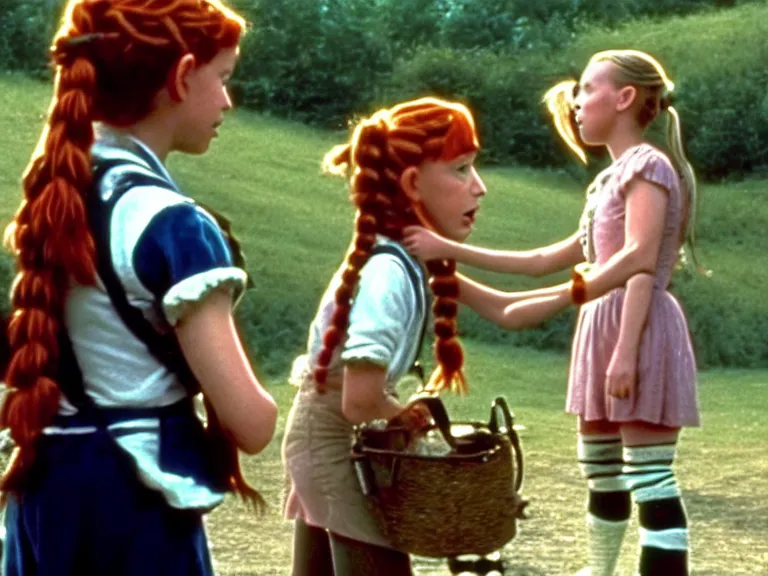 Prompt: a scene from a movie pippi longstockings, a movie where millie bobby brown is the actress playing pippilotta delicatessa windowshade mackrelmint ephraim's daughter longstocking lifting lifting her white and black spotted horse and looking defiantly at two police officers. by director peter jackson, blue - ray screenshot, filmed by roger deakins