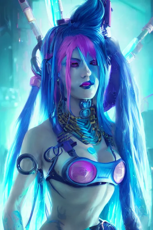 Image similar to jinx from league of legends, cyberpunk futuristic neon. long blue hair, decorated with traditional japanese ornaments by ismail inceoglu dragan bibin hans thoma greg rutkowski alexandros pyromallis nekro rene maritte illustrated, perfect face, fine details, realistic shaded, fine - face, pretty face
