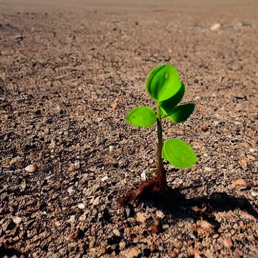 Prompt: a single sprout grows in a barren desert, low angle 8k HD nature photo