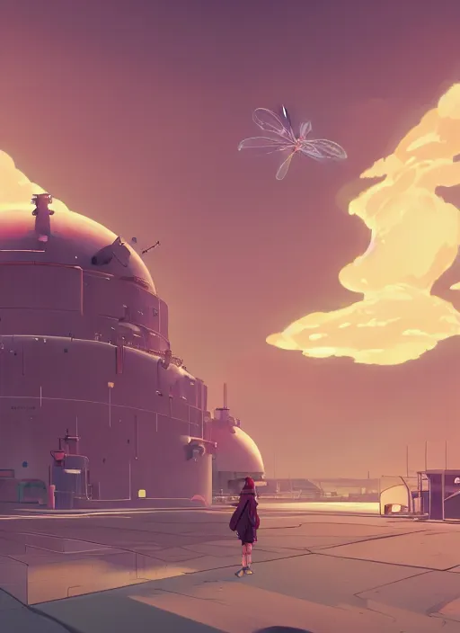 Prompt: giant nuclear plant shaped like a dragonfly, detailed, futuristic, cory loftis, james gilleard, atey ghailan, makoto shinkai, goro fujita, studio ghibli, rim light, exquisite lighting, clear focus, very coherent, plain background