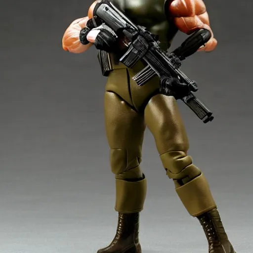 Image similar to a 12 inch action figure of Arnold Schwarzenegger from Commando. Big muscles. Holding an automatic rifle in his hands. Plastic shiny. Full body