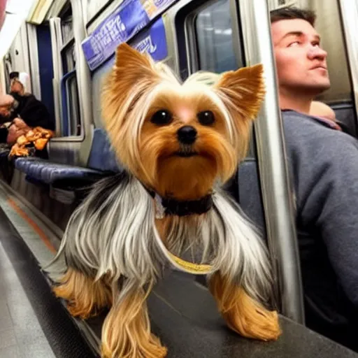 Image similar to yorkie dog taking a selfie in a subway train with angry homeless people behind him, realistic photo