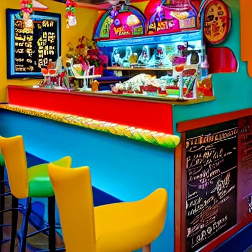 Prompt: a colorful fanciful ice cream parlor counter, style of afremov