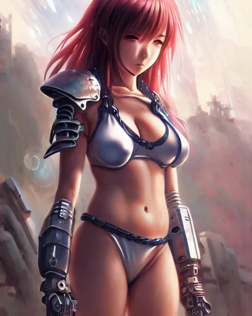Image similar to portrait Anime Girl in bikini armor cute-fine-face, pretty face, realistic shaded Perfect face, fine details. Anime. Warhammer, futuristic, cyberpunk realistic shaded lighting by katsuhiro otomo ghost-in-the-shell, magali villeneuve, artgerm, rutkowski Jeremy Lipkin and Giuseppe Dangelico Pino and Michael Garmash and Rob Rey