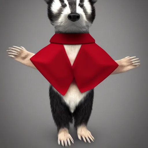 Prompt: a humanoid friendly badger on white background, he‘s running towards the camera, he‘s wearing a very small red neckerchief, digital render