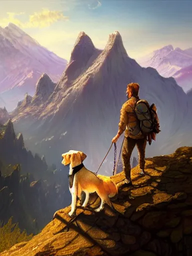 Prompt: an adventurer with his dog. near a precipice the sun and mountains on the background., intricate, elegant, highly detailed, digital painting, artstation, concept art, sharp focus, illustration, by justin gerard and artgerm, 8 k