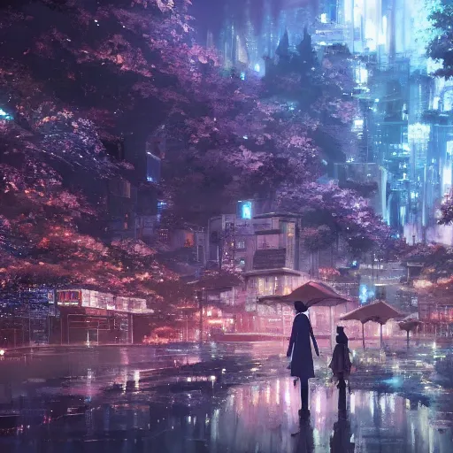 Prompt: city mixed with a magical forest, anime, by makoto shinkai, highly detailed, artstation