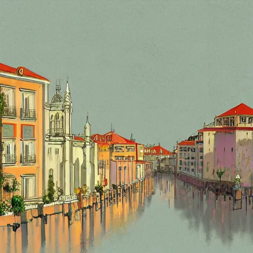 Image similar to cidade de lisboa, concept art, pastel soft colors, in the style of danny mcbride, knyazev konstantin