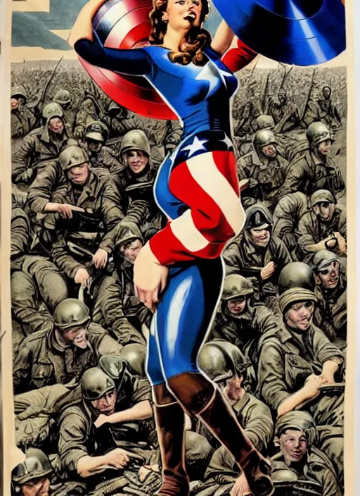 Image similar to beautiful female captain america standing on a pile of defeated german soldiers. feminist captain america wins wwii. american wwii propaganda poster by james gurney