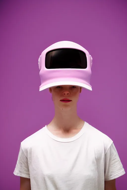 Prompt: a high definition film photograph of a normal androgynous robot human wearing a plain white t - shirt, in a pastel pink room. happy. funny visor covering eyes. crushed shadows.