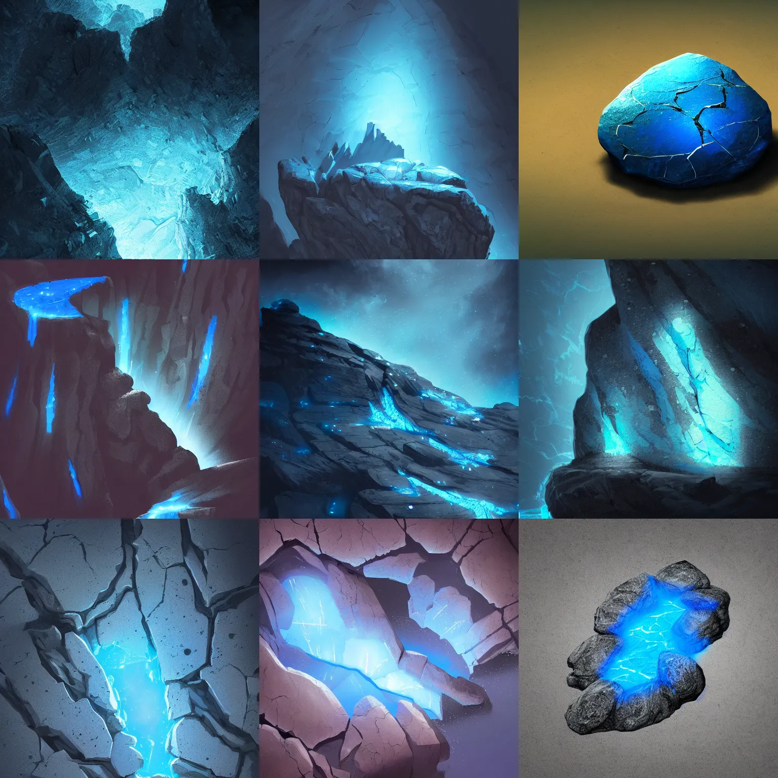 Prompt: a rock with blue glowing cracks, black background, digital painting, d&d, fantasy, highly detailed, intricate, smooth, artstation, cinematic lighting