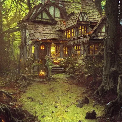 Prompt: witch cottage in the forest, art by norman rockwell and donato giancola and greg rutkowski, vintage scifi art, moody lighting, volumetric lighting