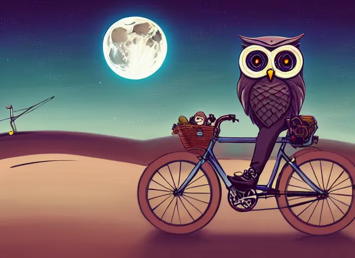 Prompt: a cell shaded cartoon owl riding a bicycle, with a big head, on a desert road, wide shot, in front of a big moon, muted colors, post grunge, josan gonzales, wlop, by james jean, victor ngai, hq, deviantart, art by artgerm