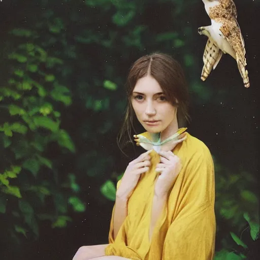 Image similar to head to shoulder portrait Polaroid film photograph of an elegant top model wearing a yellow kimono with a very detailed barn owl on her shoulder!!! in a tropical greenhouse. looking at the camera!!. super resolution. Polaroid 600 film. art by Alessio albi and john william waterhouse and Annie Leibovitz.