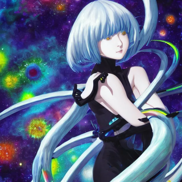 Image similar to rei ayanami, deep space, seascape, grimes, lain iwakura, silver hair, johfra bosschart, usagi, cut anime maid, cosmos, psychedelic flowers, black opal, rainbow aura quartz, organic, oni compound artwork, of character, render, artstation, portrait, wizard, beeple, art, fantasy, epcot, psychedelic glitchcore