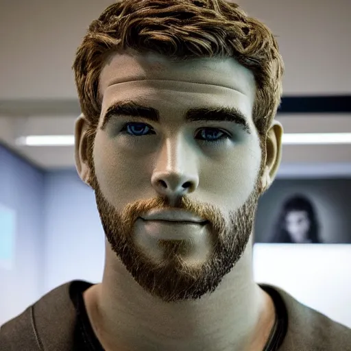 Image similar to “ a realistic detailed photo of a guy who is an attractive humanoid who is half robot and half humanoid, who is a male android, actor liam hemsworth, shiny skin, posing like a statue, blank stare, at the museum, on display ”