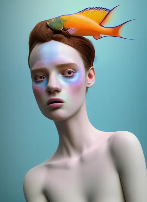 Image similar to Kodak Portra 400, 8K, soft light, volumetric lighting, highly detailed, fine art portrait photography in style of Tim Walker , beautiful face morphing with soft pastel colors tropical fishes, metamorphosis complex 3d render , 150 mm lens, soft blur background, bust with intricate details, elegant, hyper realistic, ultra detailed, octane render, etheric, outworldly colours, emotionally evoking, head in focus, fantasy, ornamental, intricate, elegant, 8K, soft light, volumetric underwater lighting, highly detailed, Refined, Highly Detailed, soft lighting colors scheme, fine art photography, Hyper realistic, photo realistic