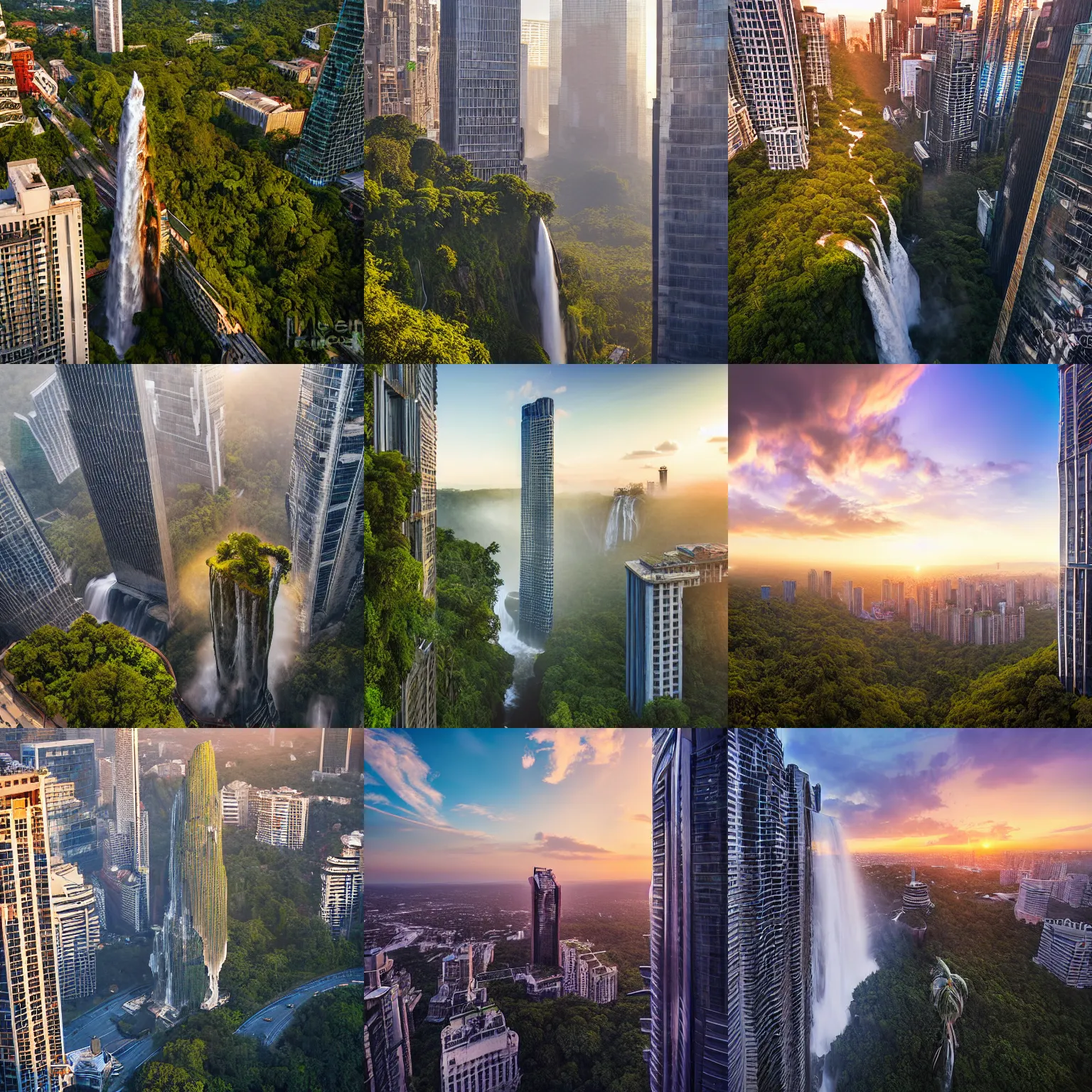 Prompt: aerial photograph of skyscraper, a large waterfall is running down the side of the building, waterfall from skyscraper, jungle in background, photograph, urban, soft light, sunset, jonas de ro