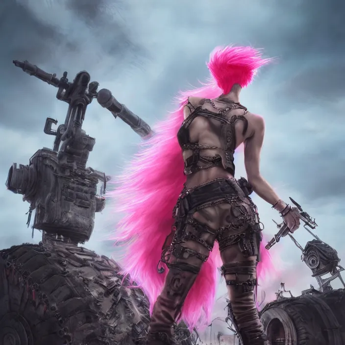 Image similar to beautiful apocalyptic woman with pink Mohawk, standing on mad max panzer tank, 4k ultra hd, fantasy dark art, tank girl, artgerm, artstation, octane render, elegant, detailed digital painting