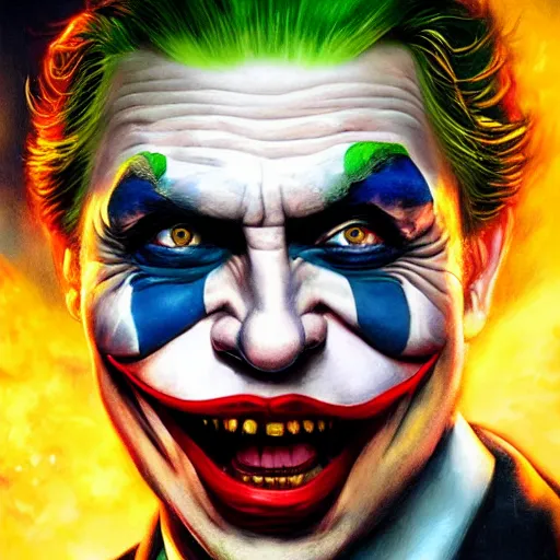 Image similar to portrait of vladimir putin as a joker in a city in fire, realistic, high definition, 4 k, shimmering color, hyper detailed, art of greg rutkowski and magali villeneuve and artgerm