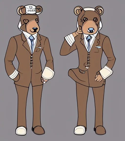 Image similar to expressive stylized master furry artist digital line art painting full body portrait character study of the anthro male anthropomorphic bear fursona animal person wearing clothes airline pilot uniform