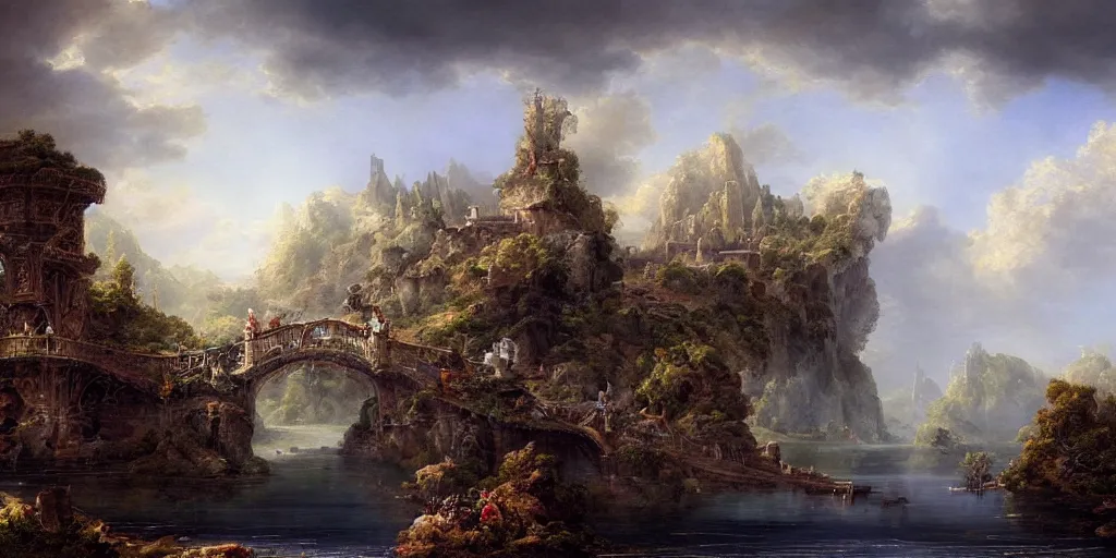 Image similar to digital fantasy openwork lace bridge made of crystal at mountain painting by hubert robert high resolution devianart detailed 8 8 grzes, dreamy, clouds, river, birds on sky, boat