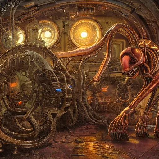 Prompt: alien machine walks through the center of a dallas, extremely detailed oil painting, 1 9 2 0's colored pencil, highly detailed, highly accurate, deep aesthetic, 8 k, highly ornate intricate details, cinematic lighting, rich colors, beautiful scenic view, ray tracing, hyperrealistic, photorealistic, cinematic landscape, trending on artstation, concept art,