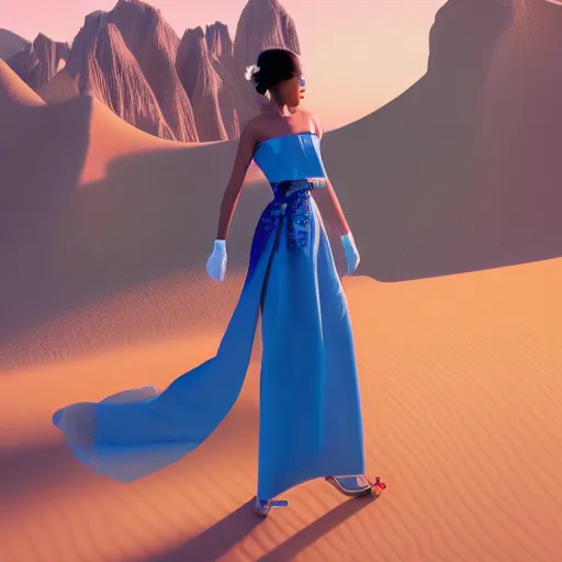 Prompt: innovative avant-garde art, deco fashion, asian women, wearing blue, highly detailed, photorealistic portrait, serene desert setting, golden hour, crisp quality and light reflections, unreal engine 5 quality render