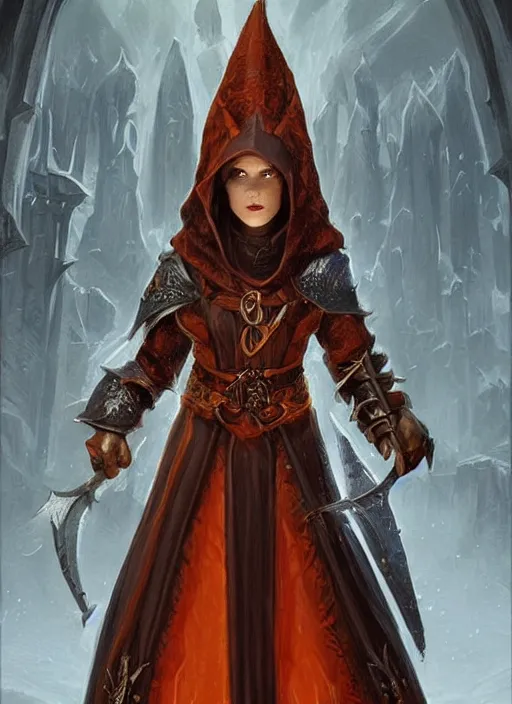 Image similar to dark orange cloak female priest, ultra detailed fantasy, dndbeyond, bright, colourful, realistic, dnd character portrait, full body, pathfinder, pinterest, art by ralph horsley, dnd, rpg, lotr game design fanart by concept art, behance hd, artstation, deviantart, hdr render in unreal engine 5