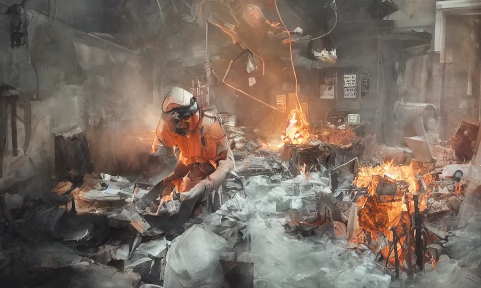 Prompt: a man works at a workstation in a very hot office with burning fires, local close up, featured in artstation, octane render, intricate, ultra detailed, fantasy, concept art, sharp focus, illustration, 8 k