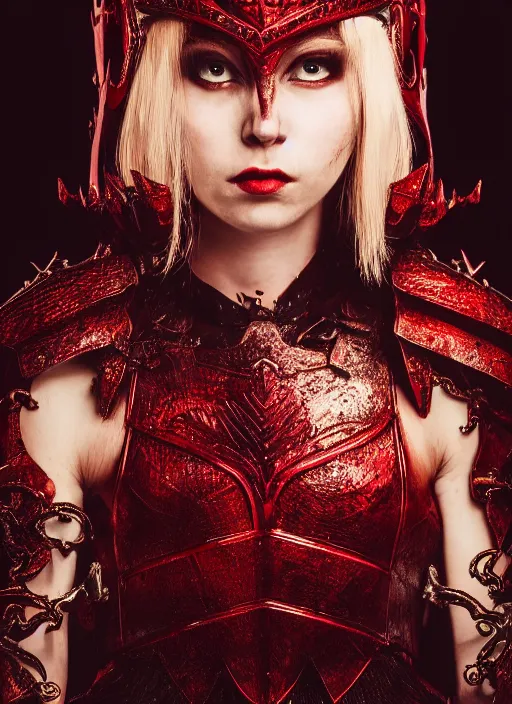 Image similar to the blood crown queen wear the scarlet armor, cinematic lighting, various refining methods, micro macro autofocus, ultra definition, award winning photo