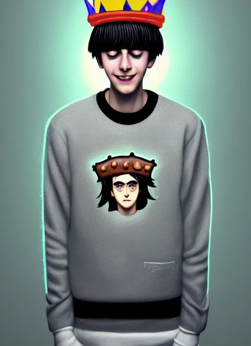 Image similar to portrait of teenage jughead jones wearing a light grey crown, photorealistic, crown, sweater with letter s on it, hamburger, eyes closed, crown, black hair, intricate, elegant, glowing lights, highly detailed, digital painting, artstation, concept art, smooth, sharp focus, illustration, art by wlop, mars ravelo and greg rutkowski