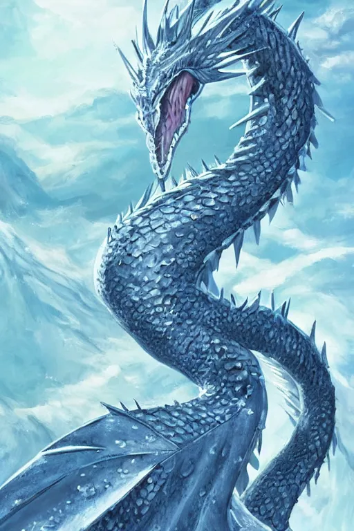 Prompt: still photo of a large, white ice dragon with blue accents. it has a long neck, and its body is covered in spikes and scales. its wings are enormous, and it has a long spiky tail. it has a regal appearance, breathing frost, trending on pixiv, by kawacy, digital art, cool lighting, comic, cartoon
