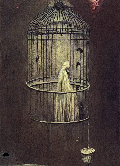 Image similar to girl inside birdcage by Beksinski