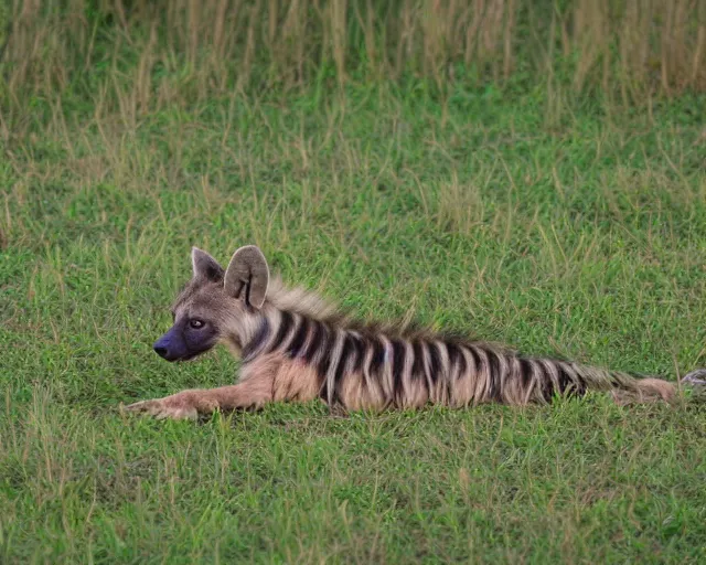 Image similar to striped hyena laying in between the green in savannah, sunset, far - shot