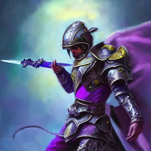 Image similar to reaching for a purple crystal, armored mouse sword warrior, trending on Artstation, award winning, Oil Painting, 8k scan