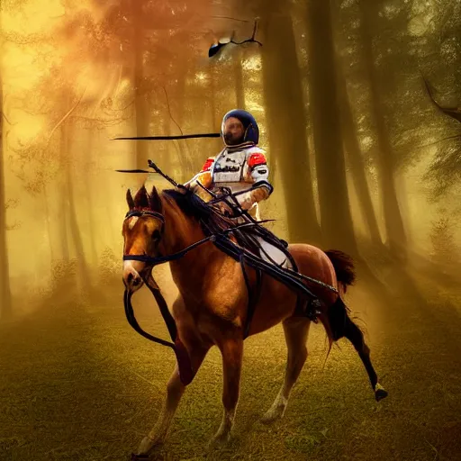 Image similar to arrows struck astronaut riding a horse in a fantasy forest, landscape, morning ambience, cinematic, digital art, front lit, epic, cinematic