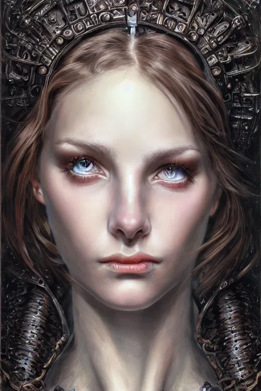 Image similar to high quality extremely detailed closeup portrait of a young gorgeous female necromancer looking away from the camera, detailed eyes, sparkle in eyes, no hands visible, fantasy, d & d, intricate, painting by lucian freud and mark brooks, hd