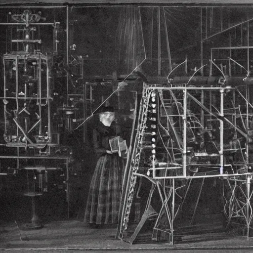 Image similar to grainy 1800s photo of a mechanical industrial era artificial intelligence made out of a jacquard loom