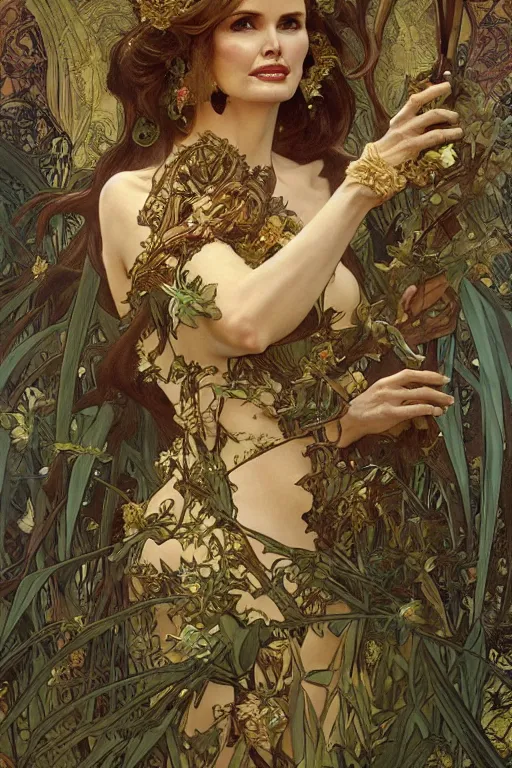 Image similar to geena davis as queen of the jungle, running, full figure, painted by nekro, alphonse mucha, dark - fantasy, intricate detail, artstation, cgsociety, rococo, gold leaf art